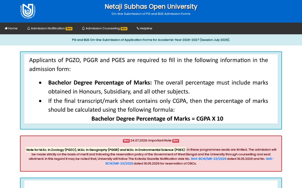 Official NSOU page on pg.wbnsouadmissions.com: submit online application for BLIS admission