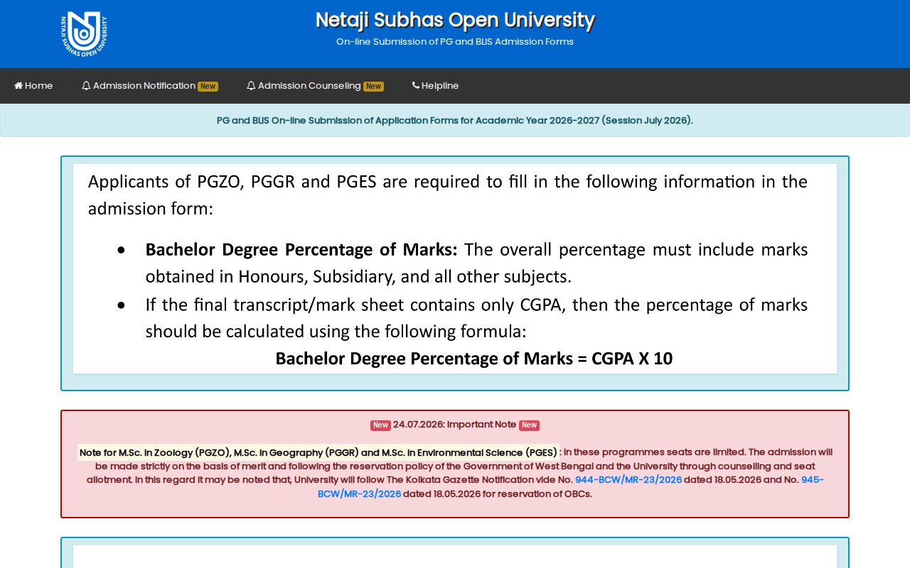 Official NSOU page on pg.wbnsouadmissions.com: apply for PG and BLIS Admission 2026