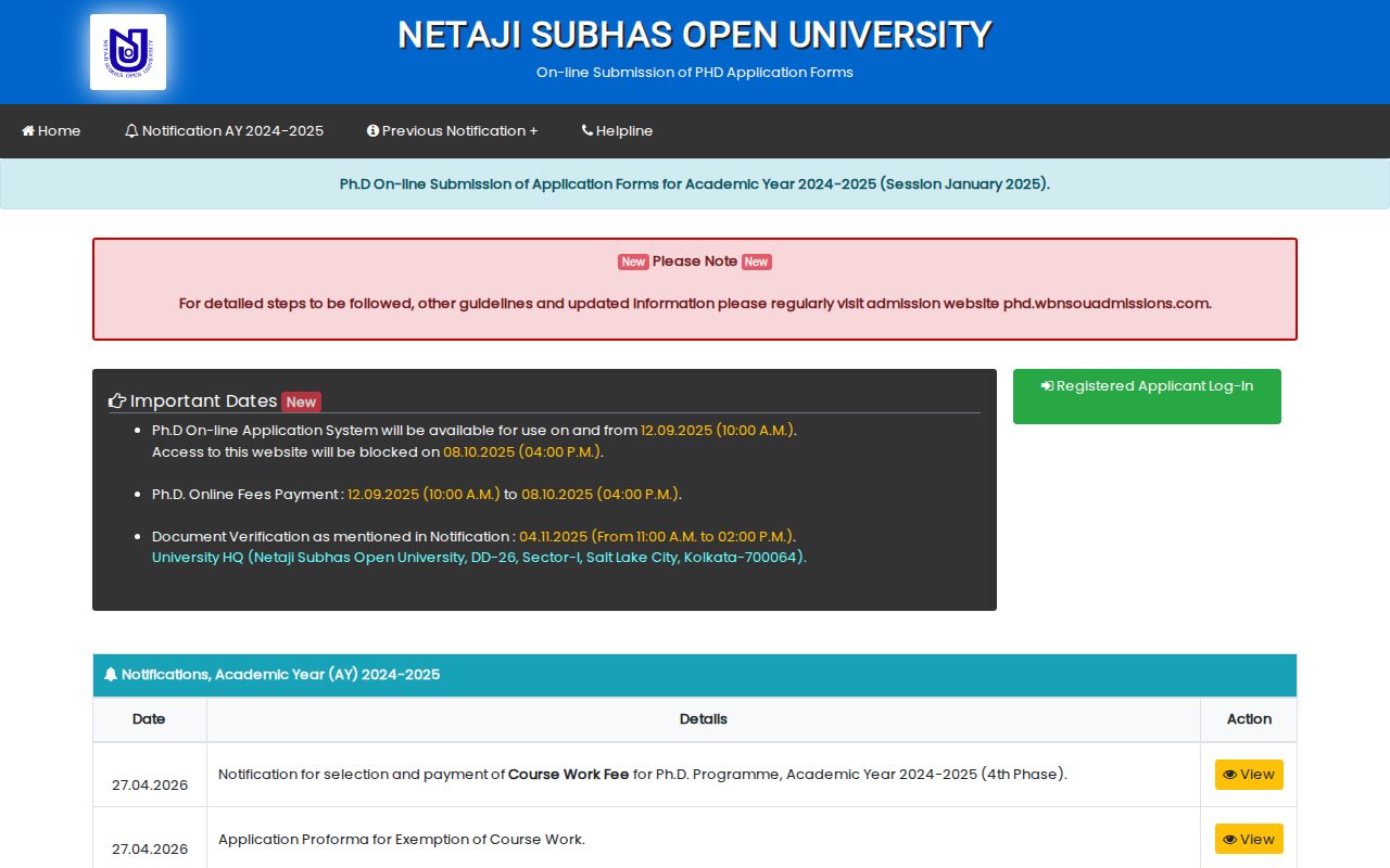 Official NSOU page on phd.wbnsouadmissions.com: submit PhD online application form