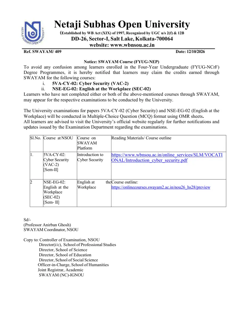 First page of the official NSOU document: NSOU FYUG SWAYAM Course Credit Examination Notice October 2026