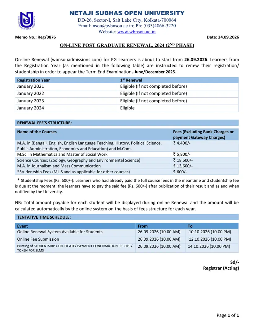 First page of the official NSOU document: NSOU PG Renewal Phase Two Notification September 2026