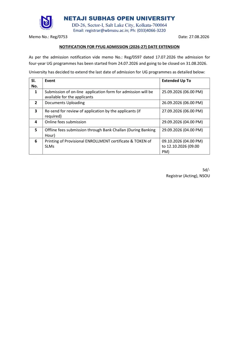 First page of the official NSOU document: NSOU FYUG Admission 2026 Date Extension Notice