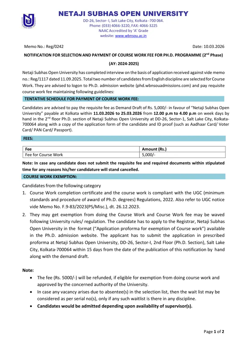 First page of the official NSOU document: NSOU PhD Selection Course Work Fee Second Phase 2025