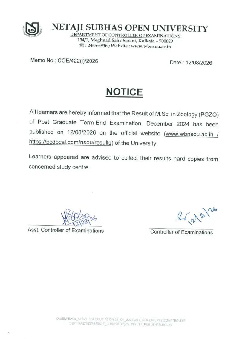 First page of the official NSOU document: NSOU PGZO Result Publication Notice Post Graduate Exam Dec 2024