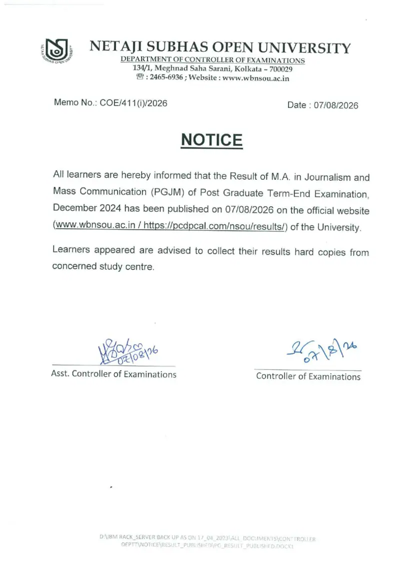 First page of the official NSOU document: NSOU PGJM Result Publication Notice Post Graduate Exam Dec 2024