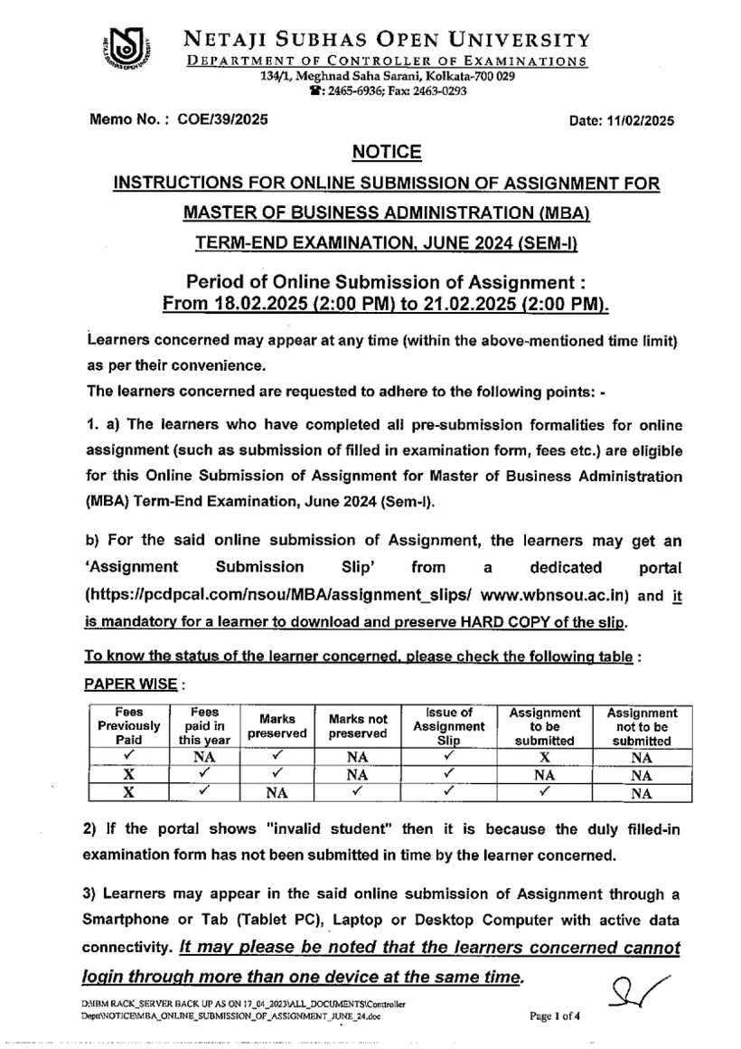 First page of the official NSOU document: NSOU MBA Online Assignment Submission Instructions June 2024