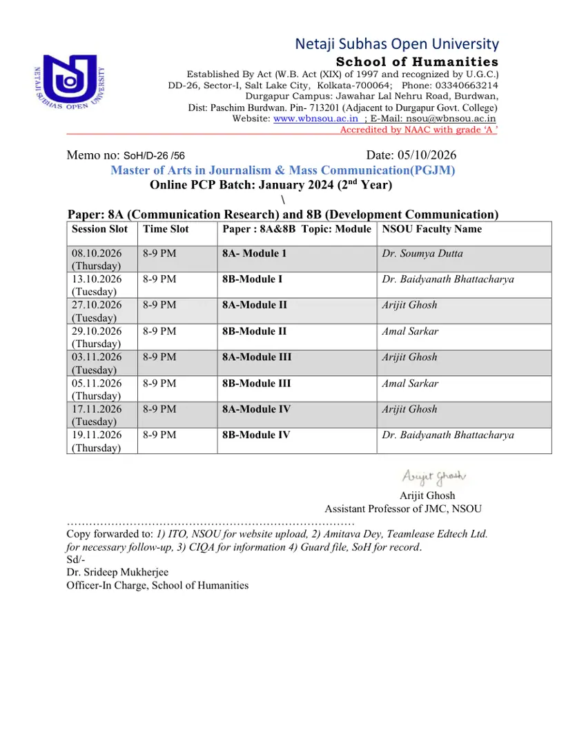 First page of the official NSOU document: NSOU PGJM Paper 8A and 8B Online PCP Schedule October 2026