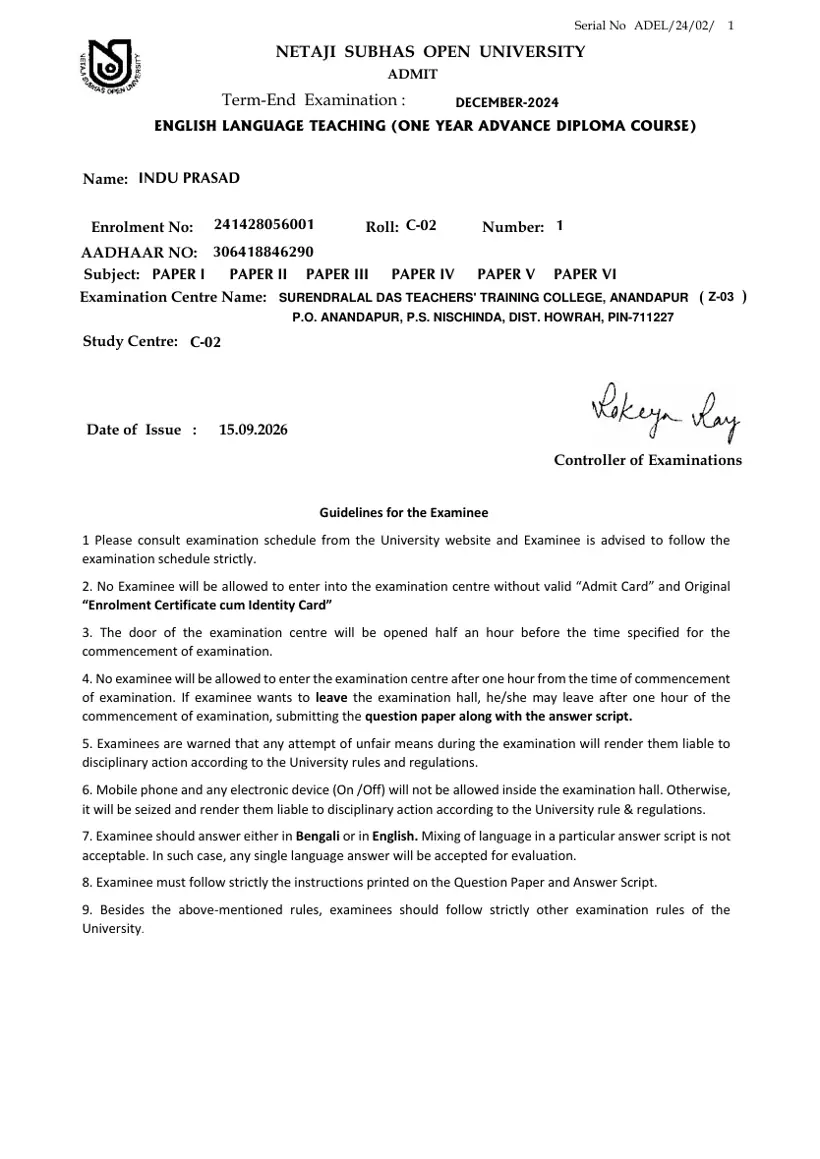 First page of the official NSOU document: NSOU ADEL Admit Card Center C02 December 2024