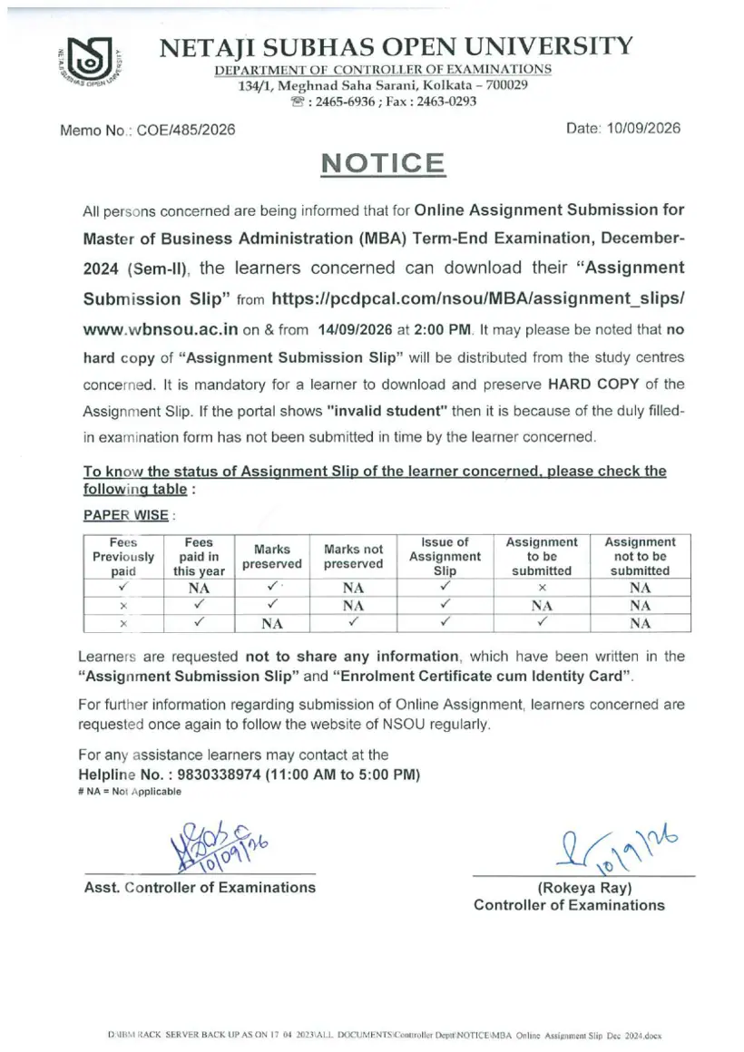 First page of the official NSOU document: NSOU MBA Assignment Submission Slip Online Notice September 2026