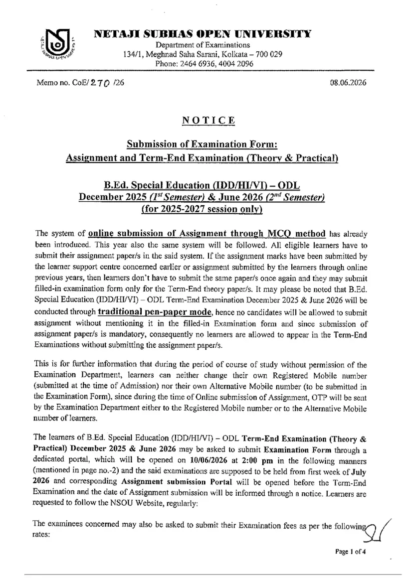 First page of the official NSOU document: NSOU B.Ed Special Education Exam Form Fill Up Notice 2026
