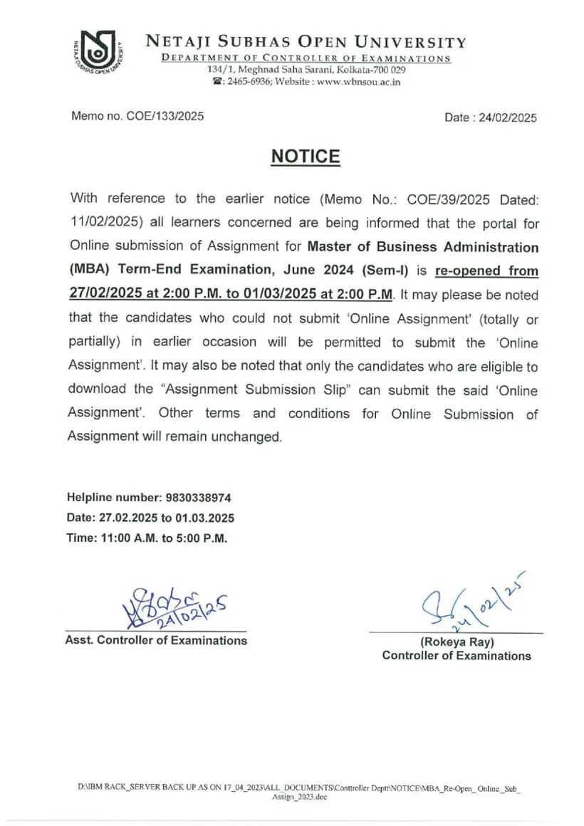 First page of the official NSOU document: NSOU MBA Reopening Assignment Submission Notice June 2024