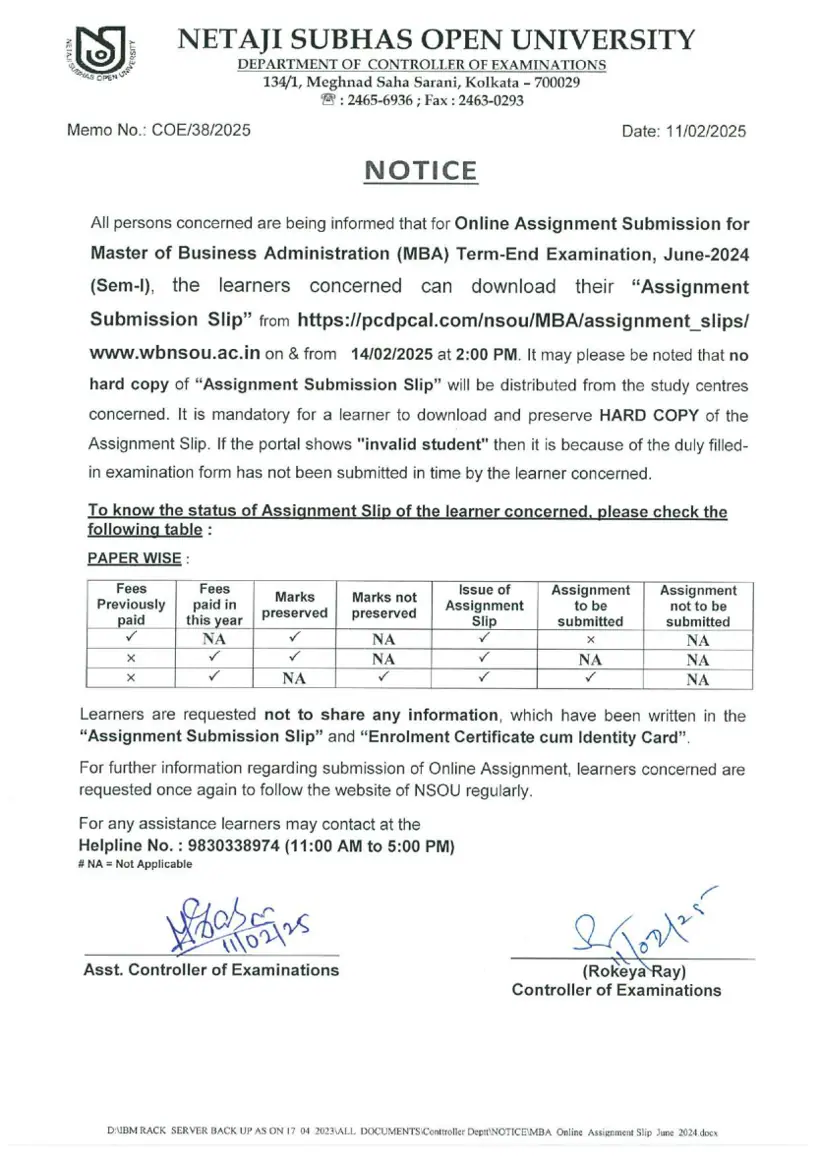 First page of the official NSOU document: NSOU MBA Assignment Submission Slip Notice June 2024