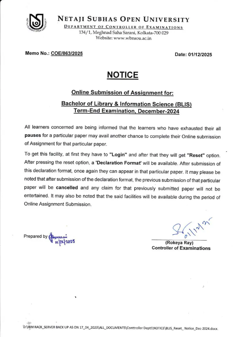 First page of the official NSOU document: NSOU BLIS Online Assignment Reset Option Notice TEE December 2024