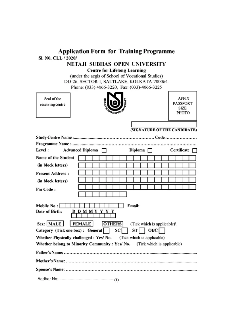 First page of the official NSOU document: NSOU Centre for Lifelong Learning Admission Form July 2026