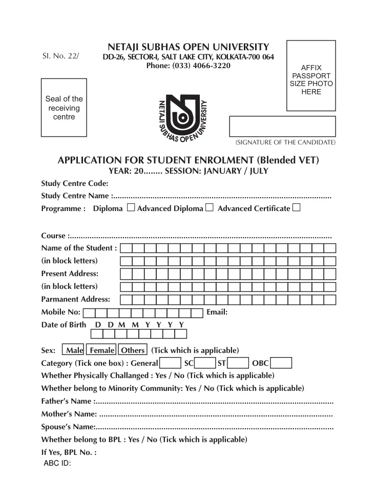 First page of the official NSOU document: NSOU Vocational Studies Student Enrolment Admission Form July 2026