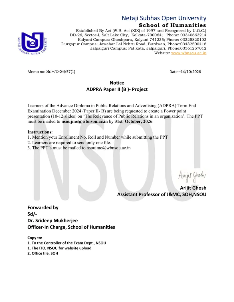 First page of the official NSOU document: NSOU ADPRA Project Paper Submission Instructions 2024