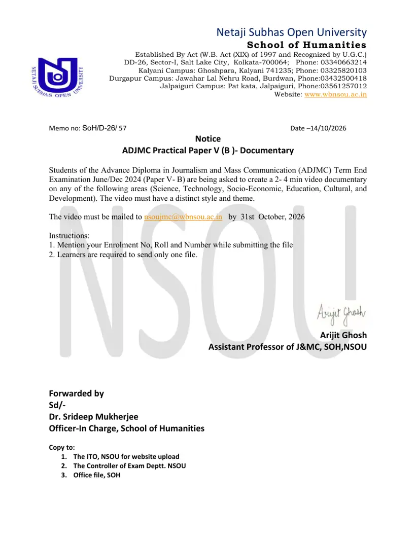 First page of the official NSOU document: NSOU ADJMC Practical Paper Submission Instructions 2024