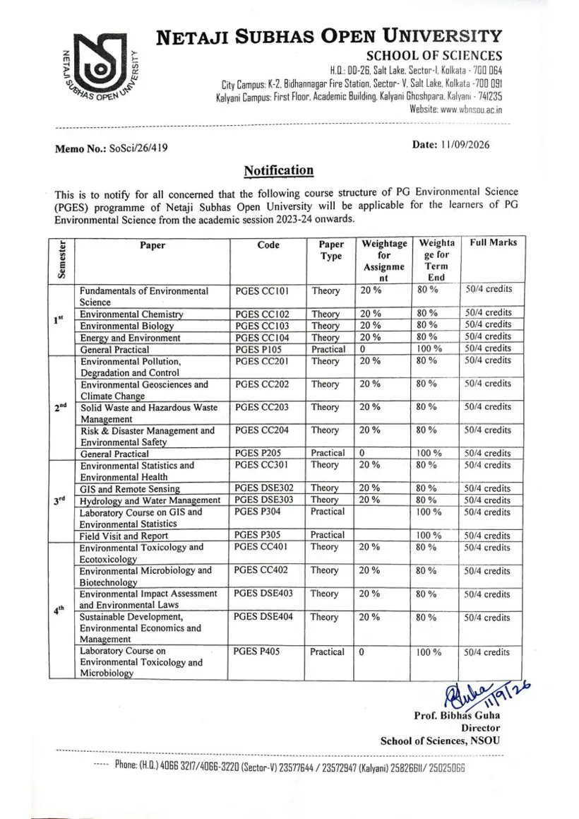 First page of the official NSOU document: NSOU PGES Course Structure Notification 2026