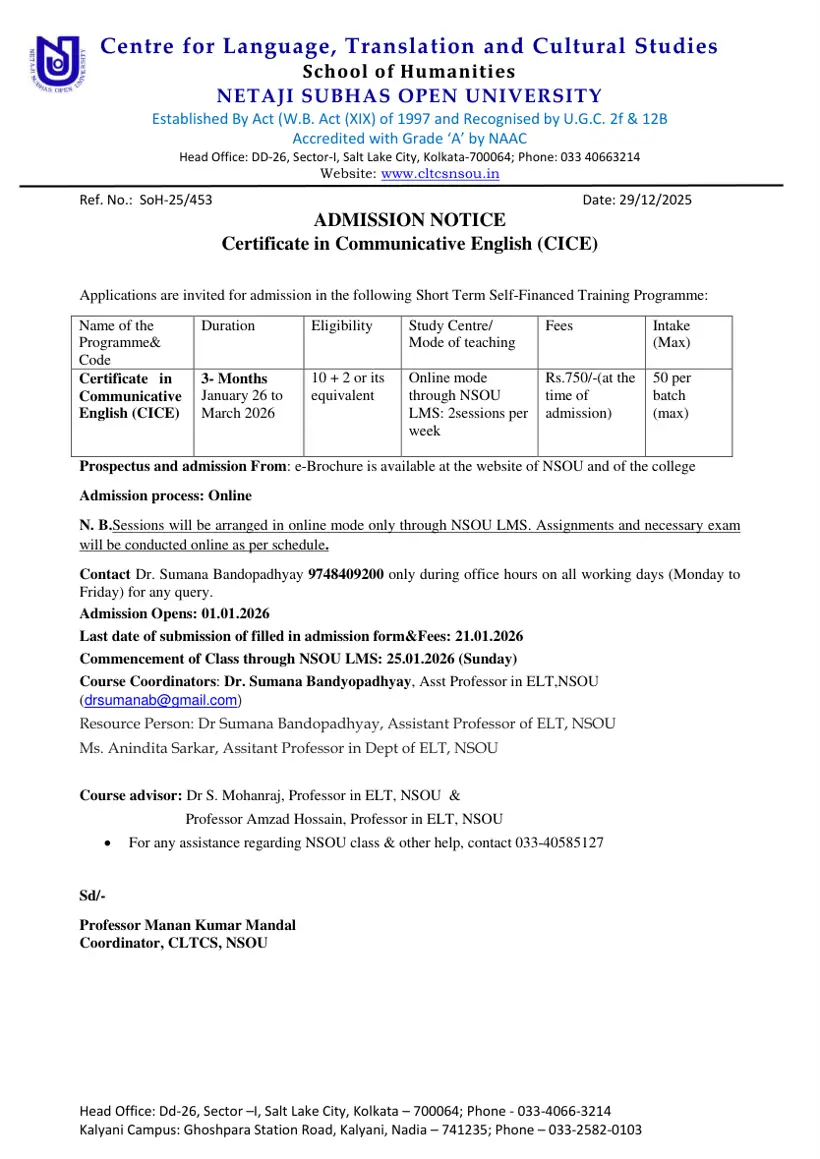 First page of the official NSOU document: NSOU Certificate in Communicative English Admission Notice January 2026