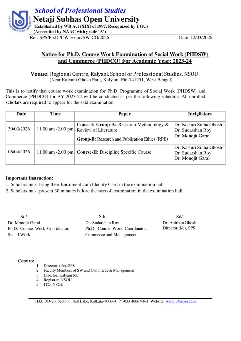 First page of the official NSOU document: NSOU PhD Social Work and Commerce Coursework Exam Schedule 2023 2024