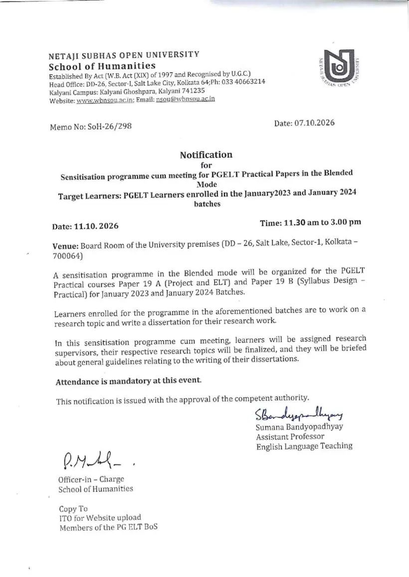 First page of the official NSOU document: NSOU PGELT Practical Courses Sensitization Meeting Notice October 2026