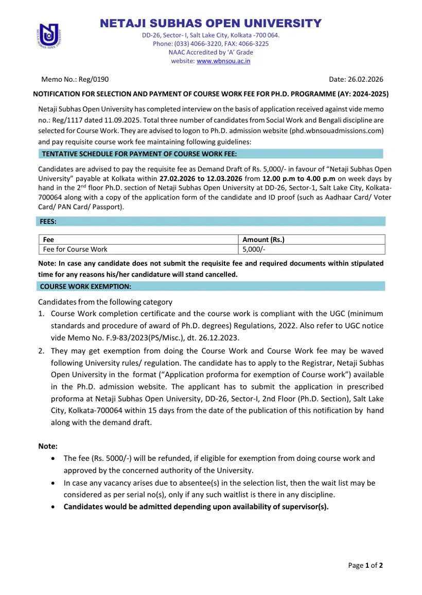 First page of the official NSOU document: NSOU PhD Selection Course Work Fee First Phase 2025