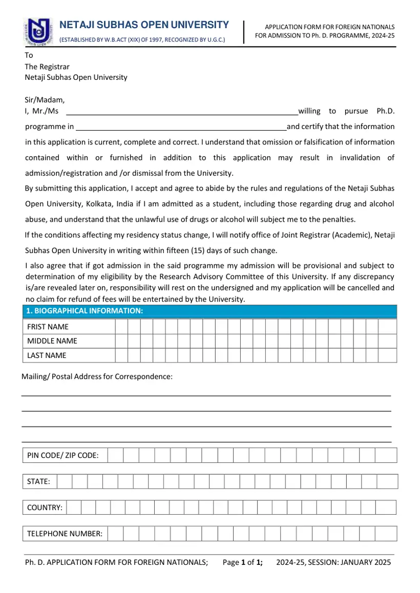 First page of the official NSOU document: NSOU PhD Foreign Nationals Application Form 2025