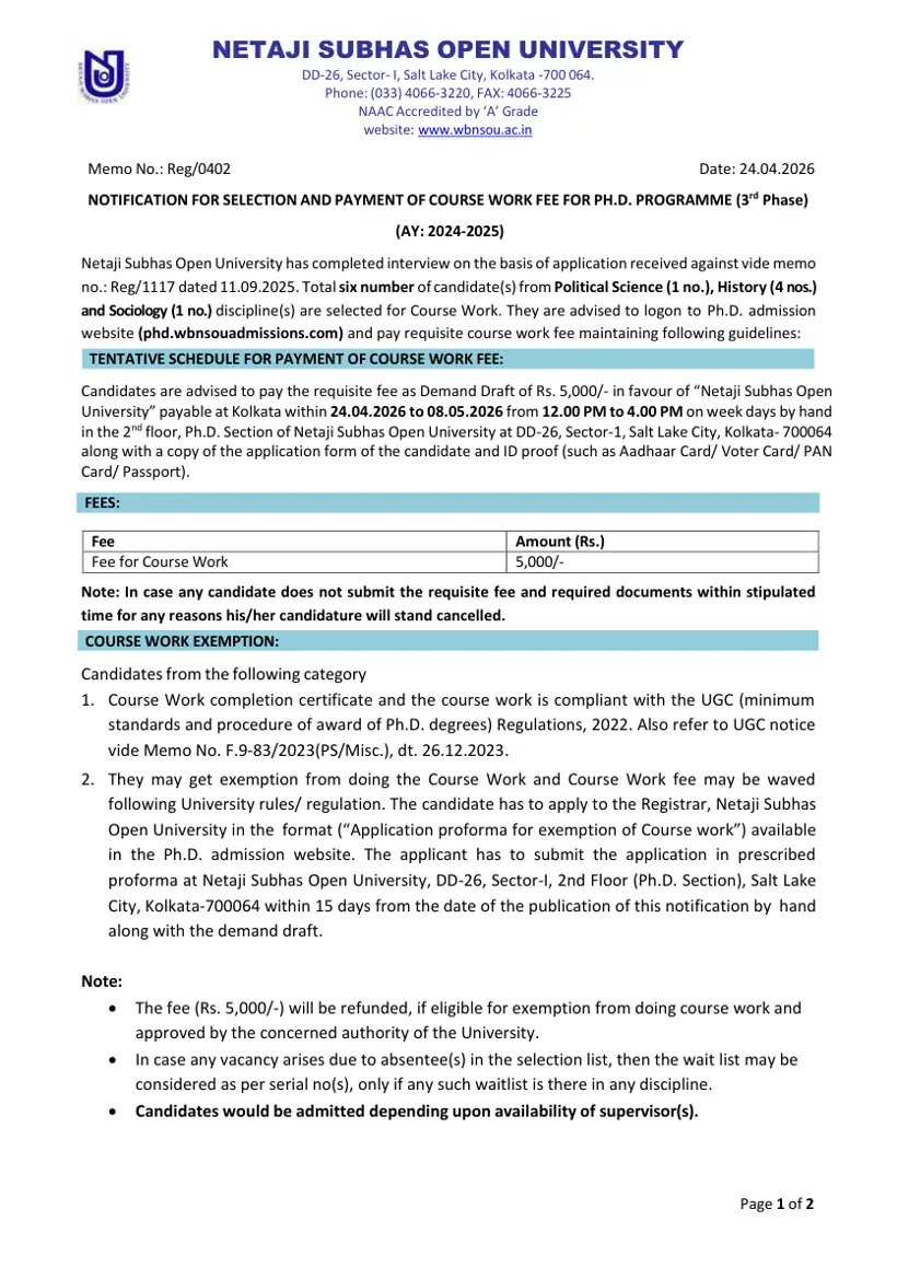 First page of the official NSOU document: NSOU Ph.D. Programme 3rd Phase Course Work Fee Notification 2024-2025