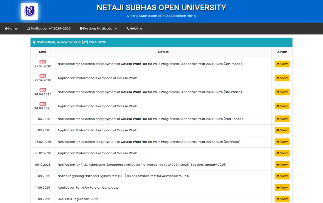 NSOU official portal: Notification AY 2024-2025