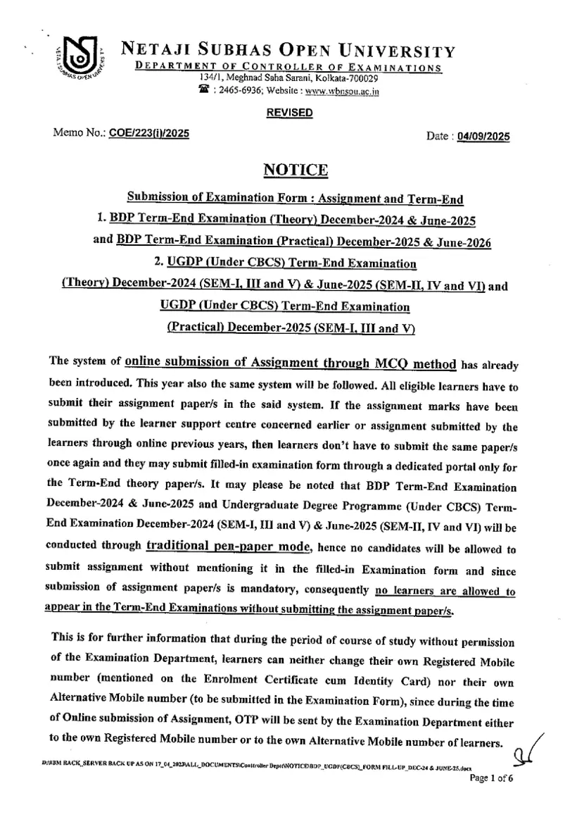 First page of the official NSOU document: NSOU BDP and UGDP Revised Examination Form Submission Notice 2025