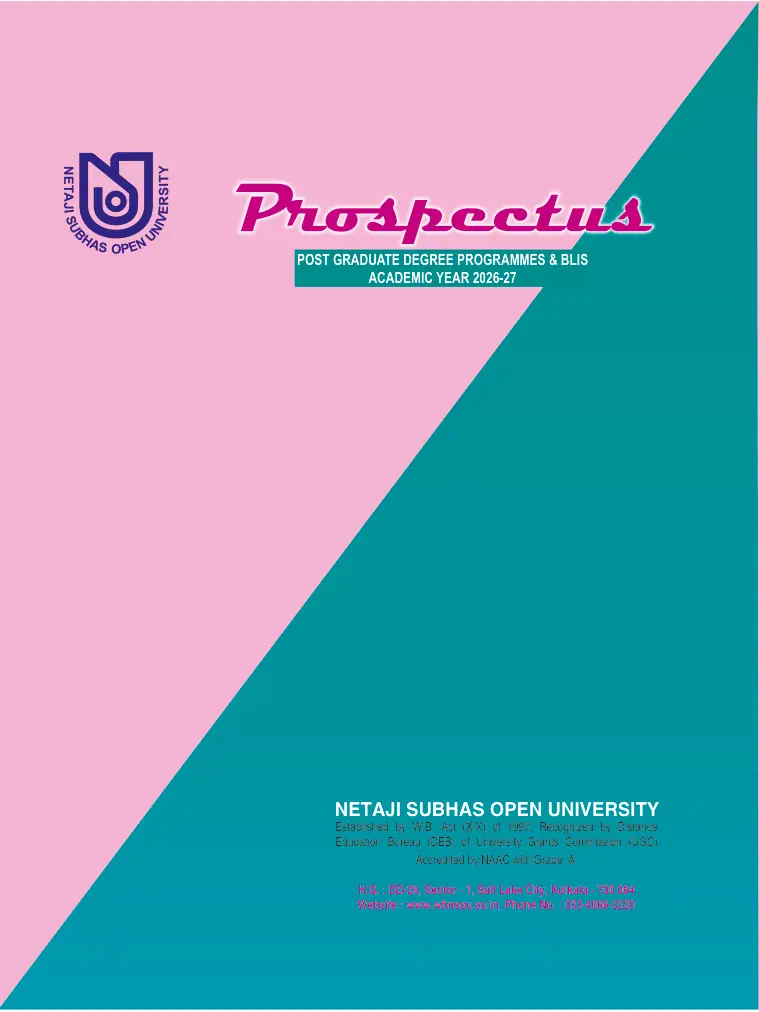 First page of the official NSOU document: NSOU PG and BLIS Programmes Prospectus 2026