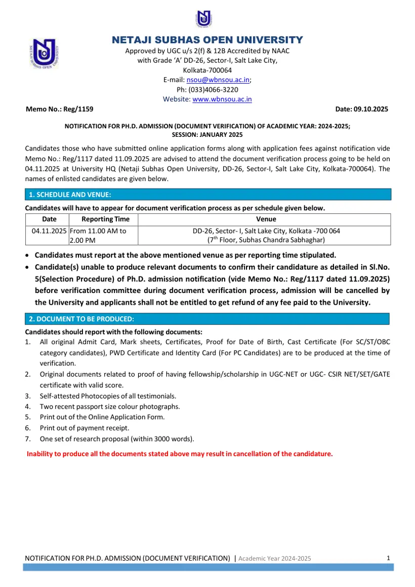 First page of the official NSOU document: NSOU PhD Admission Document Verification Schedule 2025