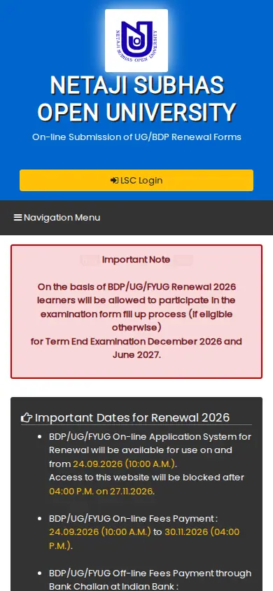 NSOU official portal: UG Renewal on a phone