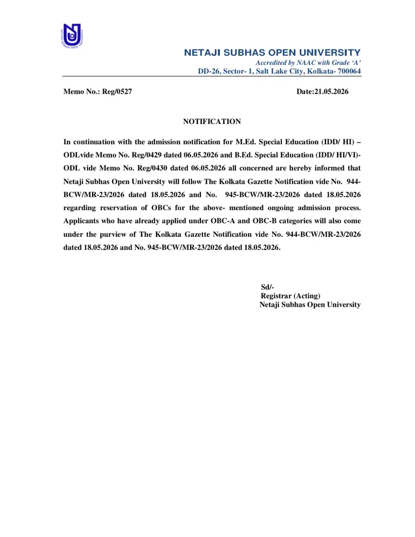 First page of the official NSOU document: NSOU B.Ed and M.Ed Special Education OBC Reservation Notification 2026