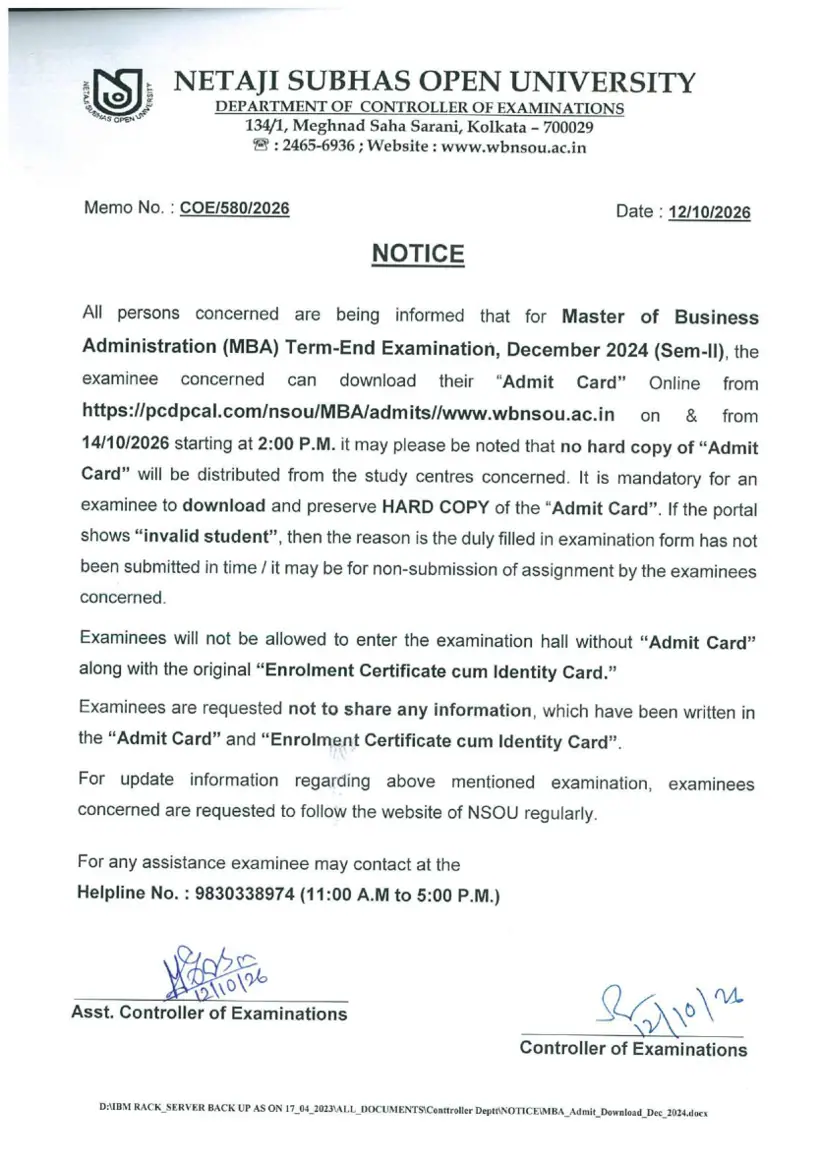 First page of the official NSOU document: NSOU MBA Admit Card Release Notice October 2026