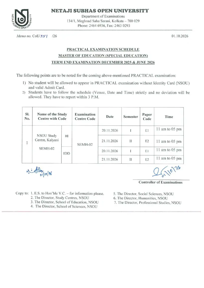First page of the official NSOU document: NSOU M.Ed Special Education Practical Exam Schedule Dec 2025 June 2026