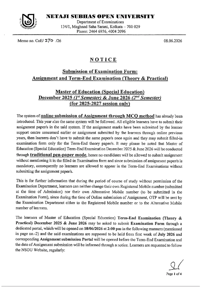 First page of the official NSOU document: NSOU M.Ed Examination Form Fill Up Notice 2025 2027 Session