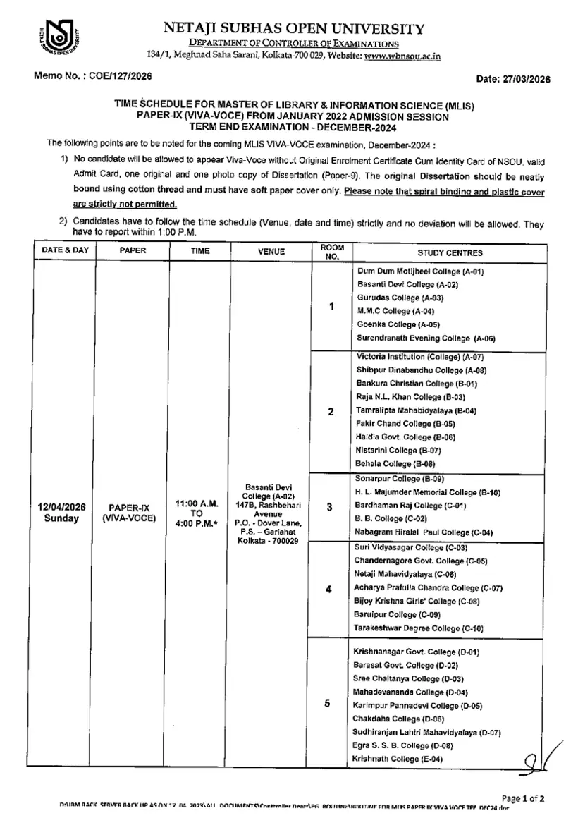 First page of the official NSOU document: NSOU MLIS Paper IX Viva Voce Schedule Term End Exam Dec 2024