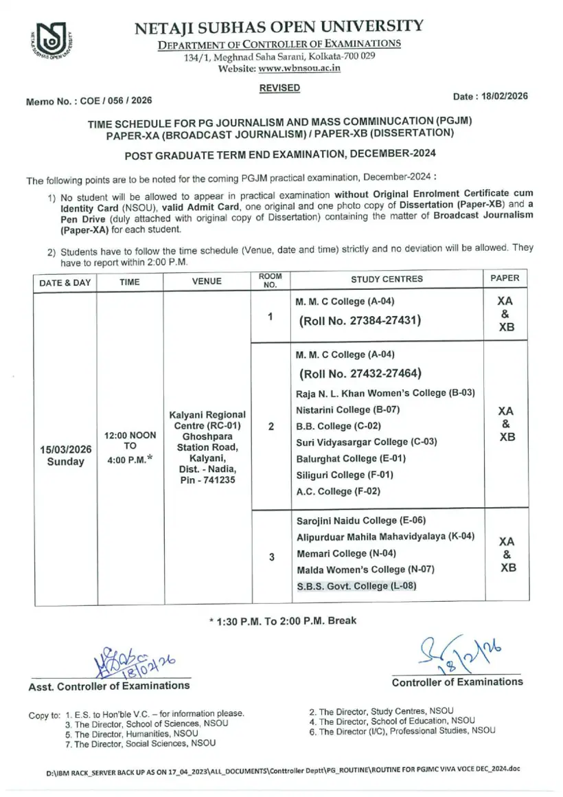 First page of the official NSOU document: NSOU PGJM Practical Term End Examination Schedule December 2024