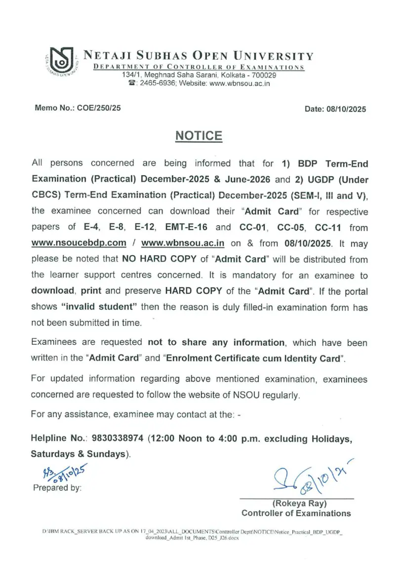 First page of the official NSOU document: NSOU BDP UGDP Practical Exam Admit Card Notice 2025 2026