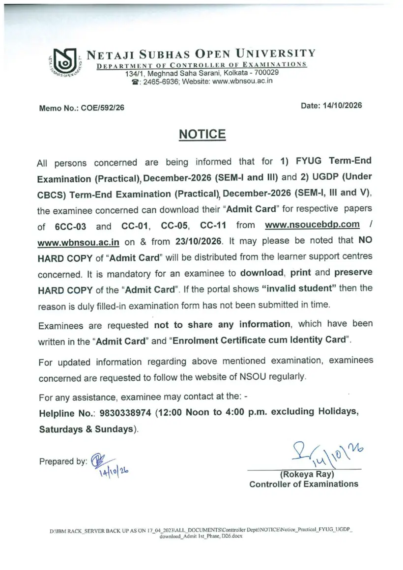 First page of the official NSOU document: NSOU FYUG UGDP Practical TEE Admit Card Notice October 2026