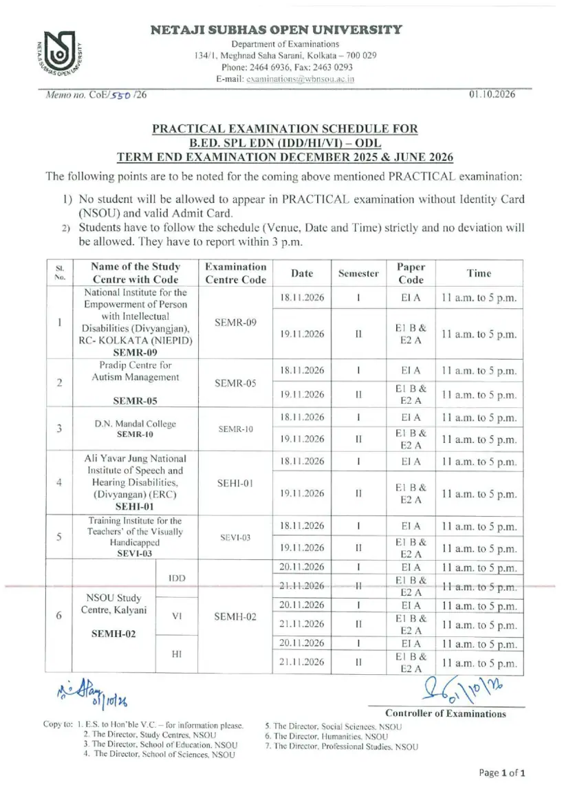 First page of the official NSOU document: NSOU B.Ed Special Education Practical Examination Schedule October 2026